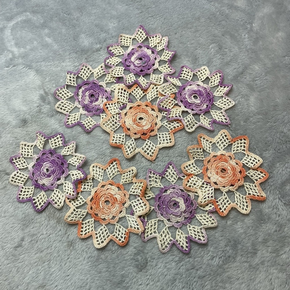 8 Vintage Handmade Crocheted Flowers Doilies Coasters Cottagecore Tea Party